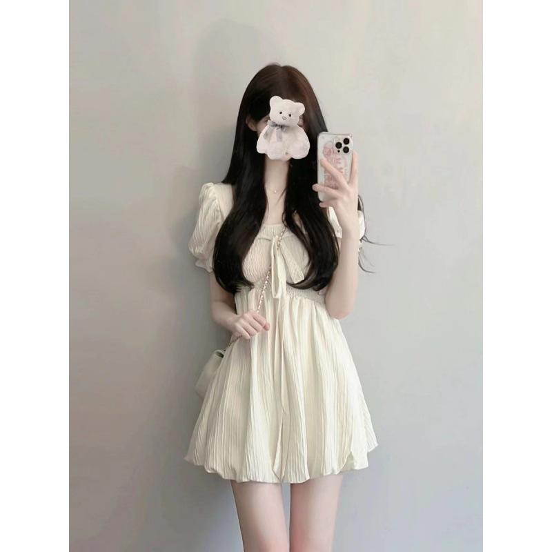Women s Square Neck Puff Sleeve A-Line Mini Dress High Waist Casual Summer Dress S