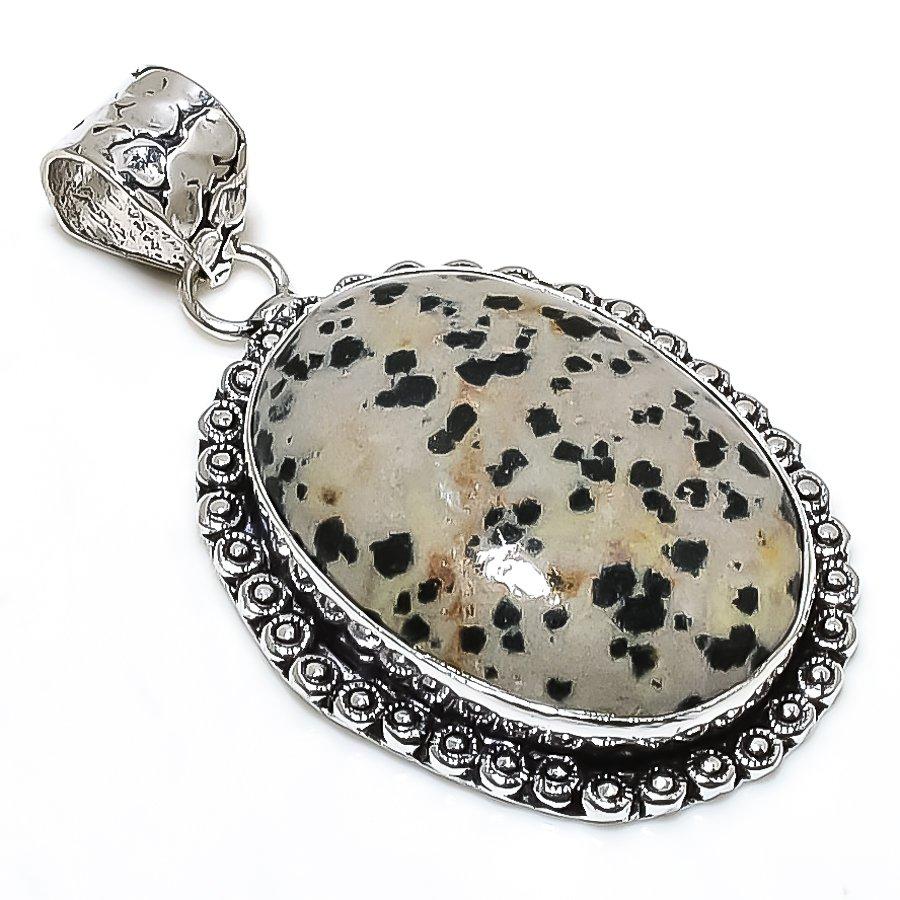 Dalmation Jasper Gemstone 925 Sterling Silver Jewelry Pendant 2.01" SU-10725