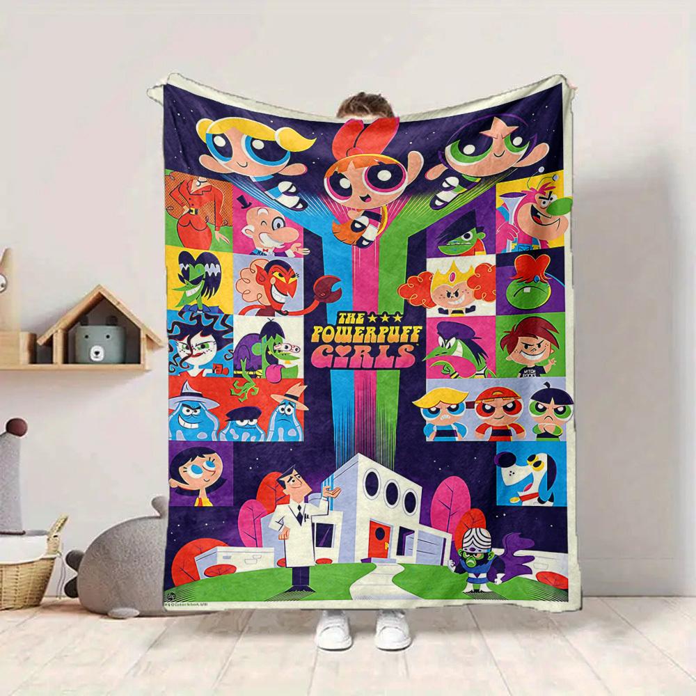 1pc Powerpuff Girls Science Lab Cozy Print Blanket Lightweight Warm Flannel Throw Blanket For Sofa, Bed, Living Room