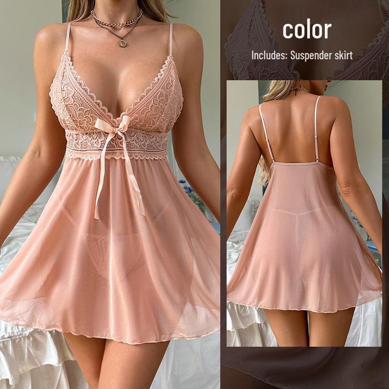 Lace Spaghetti Strap Mesh Nightgown - Sexy See-through Lingerie for Women