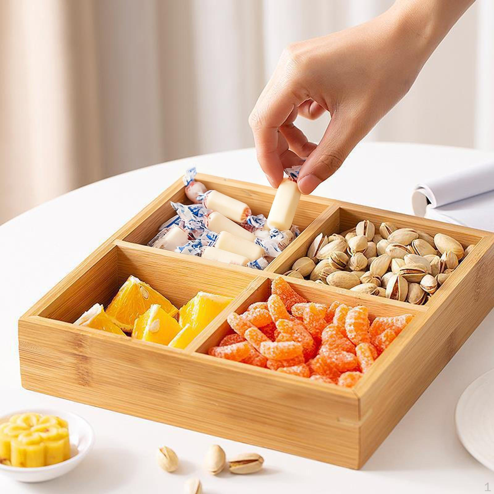 

Бамбуковый поднос с разделителями, тарелка для десертов, фруктов, овощей, деревенское блюдо для подачи орехов и конфет для дома 4 grids