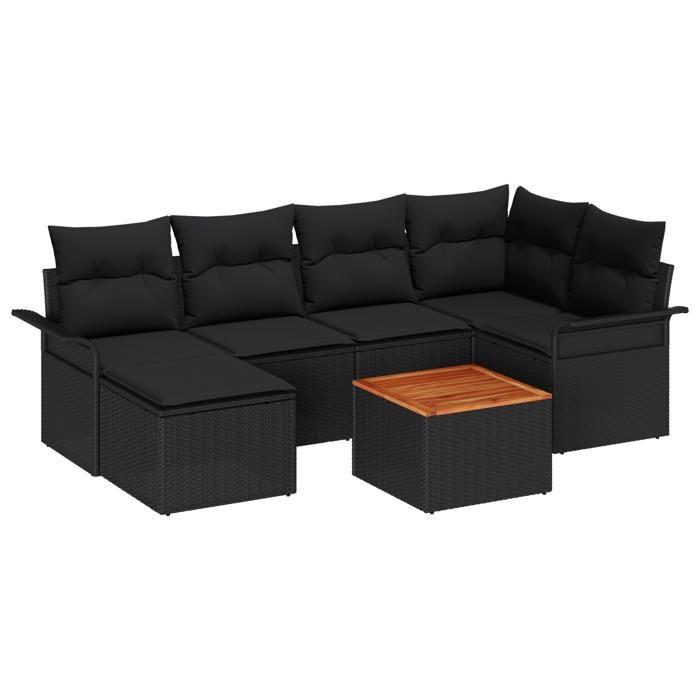 VidaXL Ensemble de canapé de jardin 7 pièces avec coussins noirs en poly rattan et acacia 3347352