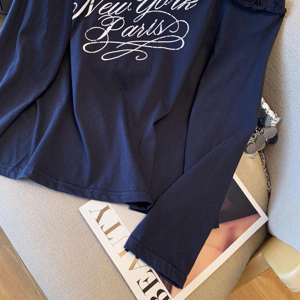 Women's Plus Size Off-Shoulder Letter Print Long Sleeve Lace Top