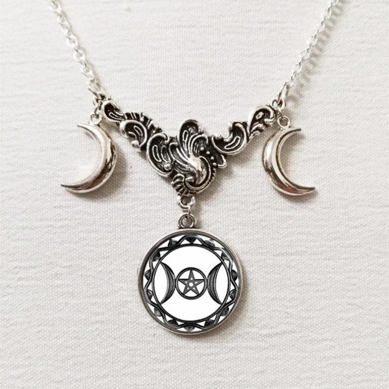 Triple Moon Silver Necklace with Full Moon and Crescent Pendant