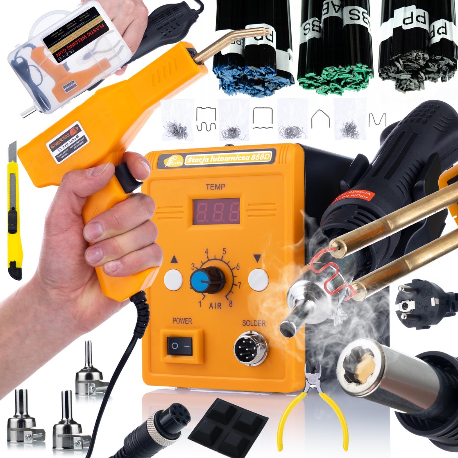 

Rosfix Spawarka Plastiku 858D – Wysoka Moc 700W | Zestaw 3 Dysz + Zszywacz z 200 Zszywkami | Zestaw Spoiw 300g