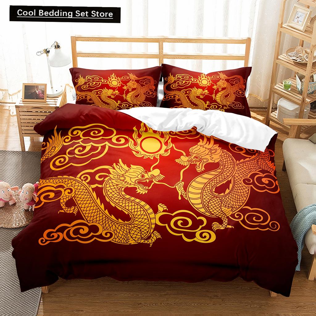 Funda Nórdica de Dibujos Animados Rey Dragón Reina Niños Niños Juego de Cama Animal Encantadora Criatura Mágica Funda de Edredón Poliéster Funda de Edredón