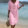 Robe décontractée d'été unie à boutons et manches courtes pour femmes
