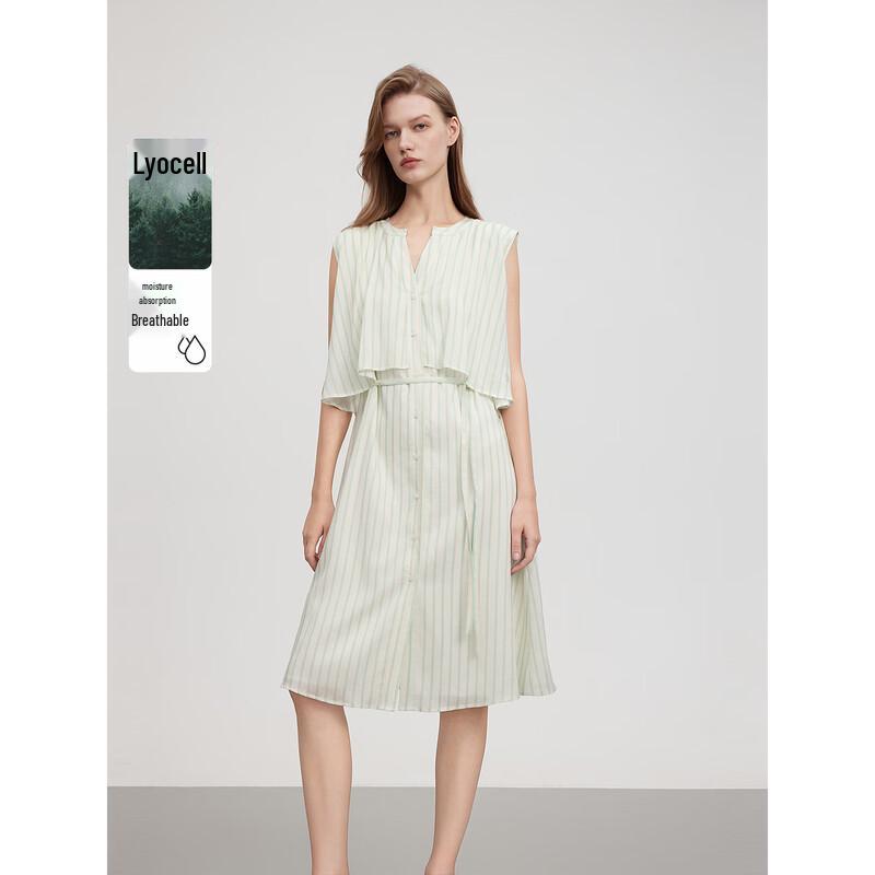 ELLE Ruffle Striped Linen Blend Sleeveless Dress S