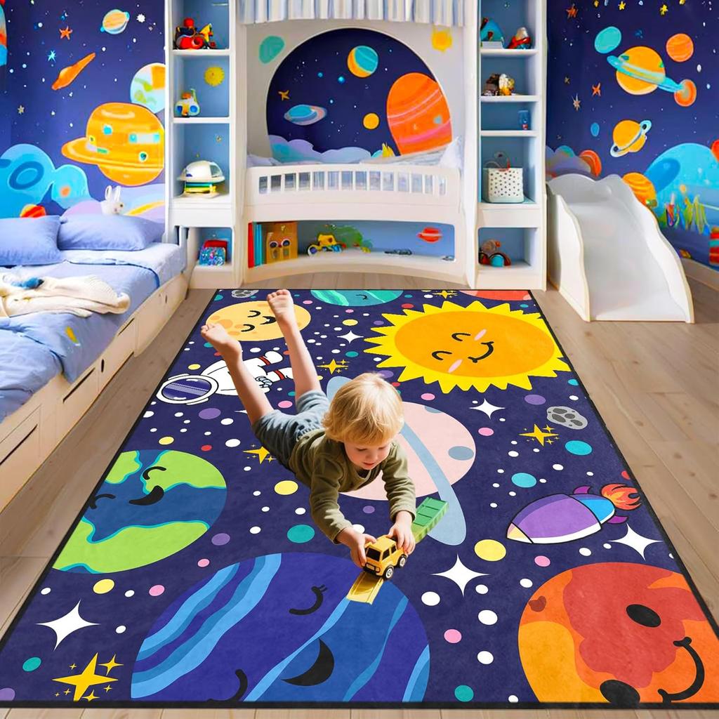 Solar System Kids Rug - Galaxy Themed Playroom Carpet, Non-Slip Planet Print Floor Mat for Boys/Girls Bedroom, Classroom  Dec