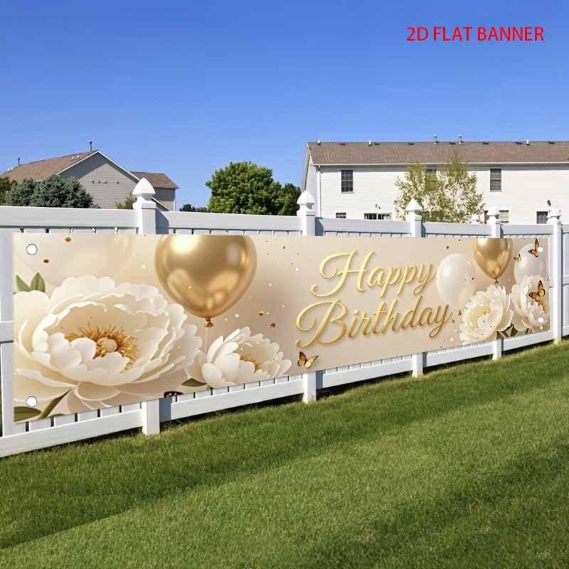 Happy Birthday Fence Banner Champagne Balloon Peony Butterfly Outdoor Yard Decor