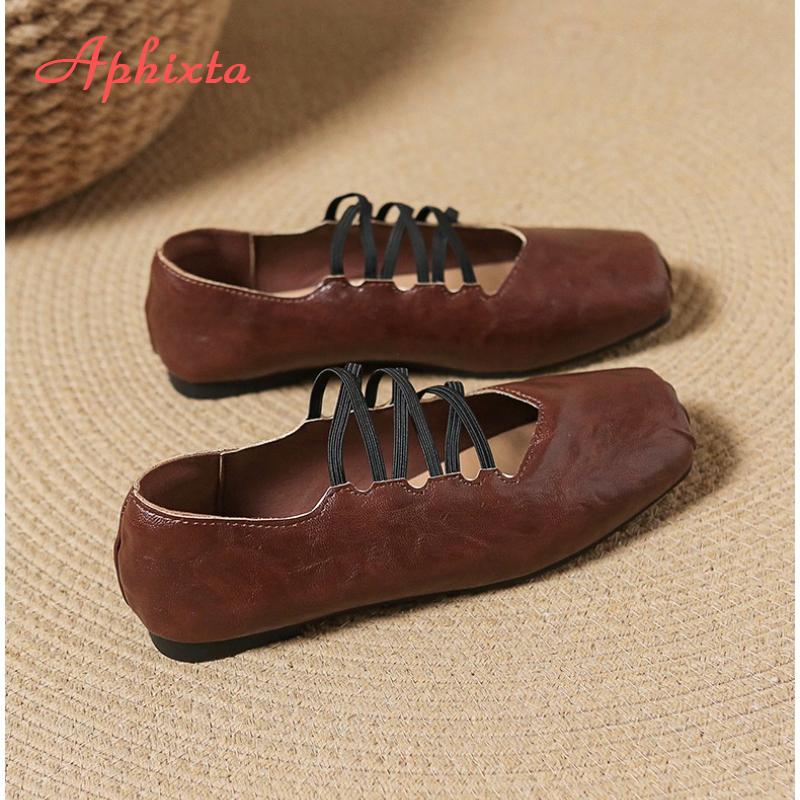 Fashion Aphixta Square Toe Black Flats Shoes Slip On Elastic Bands Cross Straps Womens Shoes Elegant Flat with Ladies Shoes