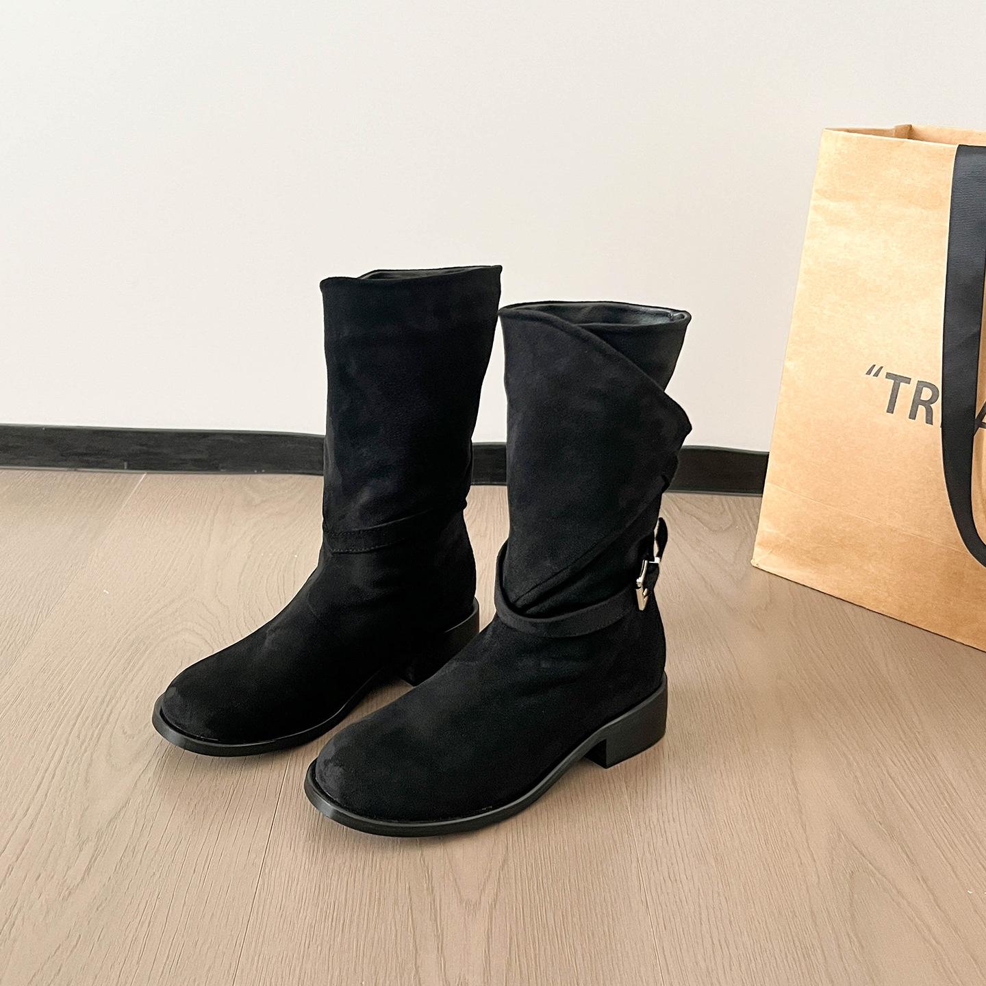 

Cowhide~ Retro British Martin Boots Women s 2025 Autumn and Winter Western Cowboy Boots Belt Buckle Medium Tube Thick Heel Short Boots 40 чёрный