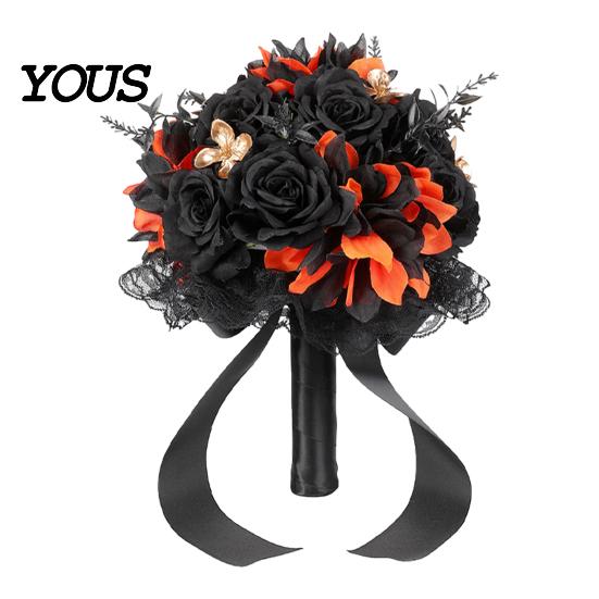 Halloween Flower Bouquet Wedding Bouquets for Bride And Bridesmaid, Gothic Artificial Bouquet, Cobweb Arrangement Black Rose Blooms Fake Centerpiece,
