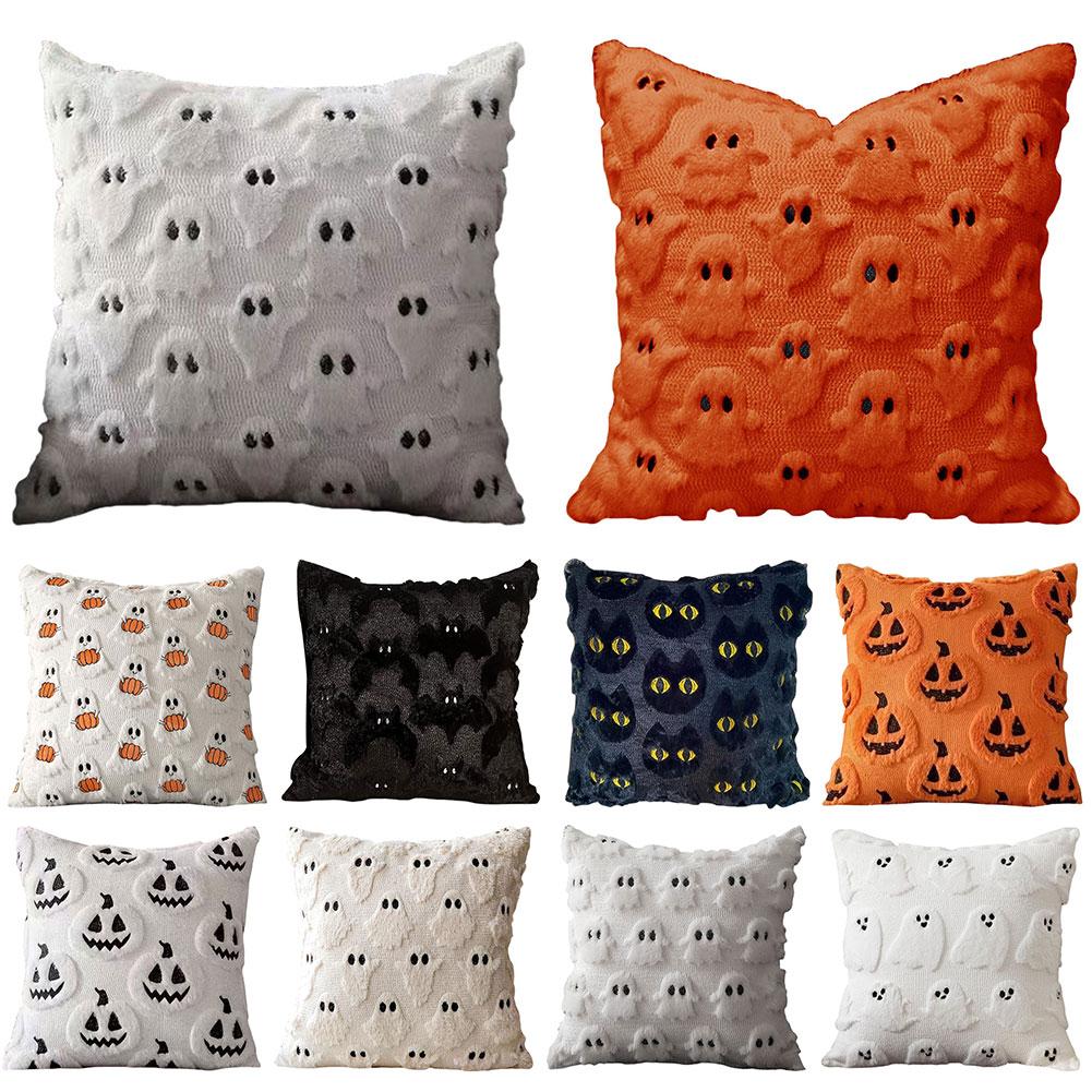 Ghost Pumpkin Pillow Covers 45X45MM Soft Plush Faux Pillow Cover Halloween Decor For Sofa Couch Bed Living Room Easy To Clean