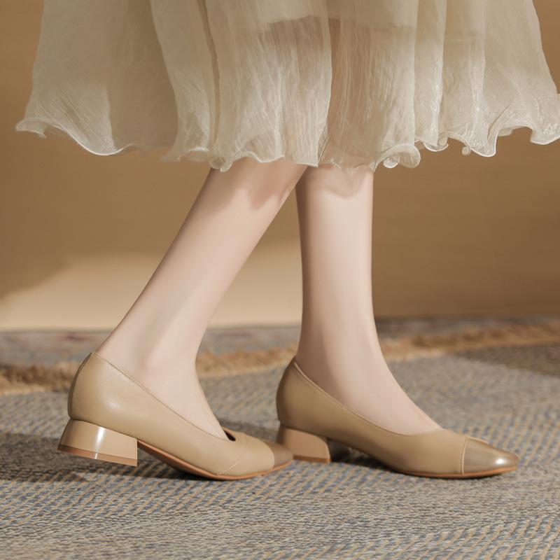 Super soft small man inner height increase 6cm ballet style splicing small square head shallow mouth pedal small thick heel single shoes female summer