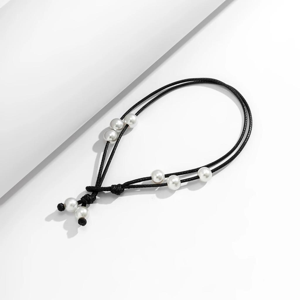 New Fashion Boho Black Wax Thread Adjustable Chain Anklet Women Summer Beach Barefoot Ankle Imitation Pearl Pendant Foot Jewelry