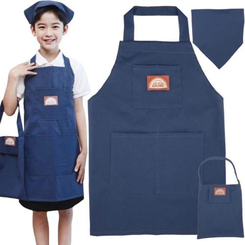 ANJOU (5 Colors Available) Kids Apron and Triangle Scarf Set for Boys and Girls, Includes Pouch, Wrinkle-Resistant, Waterproof, Stain-Resistant, Simpl