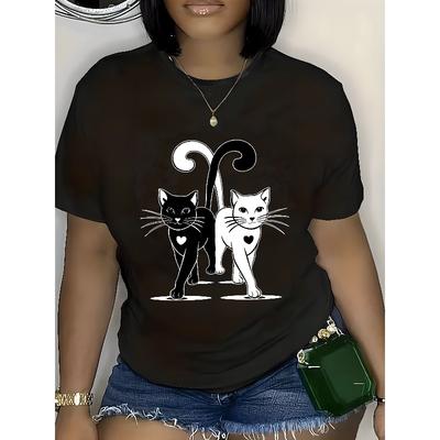 Großformatiges Schwarz-Weiß-Katzen-Grafik-T-Shirt - Lässiges Kurzarm-T-Shirt mit leichter Dehnung für Damen, Komfort für Frühling & Sommer, Pflegeleichter Stil