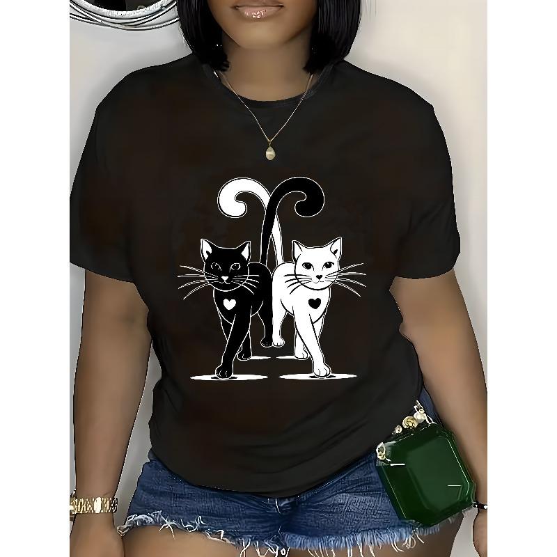 

Plus Size Black and White Cats Graphic Tee - Casual Short Sleeve T-Shirt with Slight Stretch for Women, Spring & Summer Comfort, Easy-Care Style S чёрный