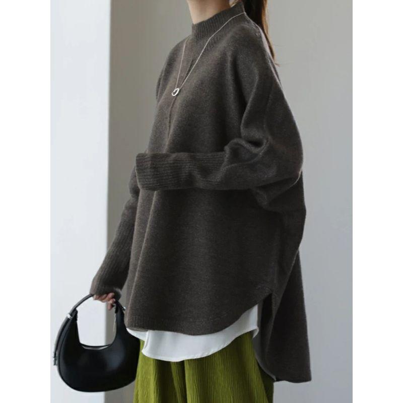Fall and Winter New Arrival Women's Clothing Loose Slimming Slit Half High Collar Knitwear Pure Color Long Sleeves Pullover Sweater