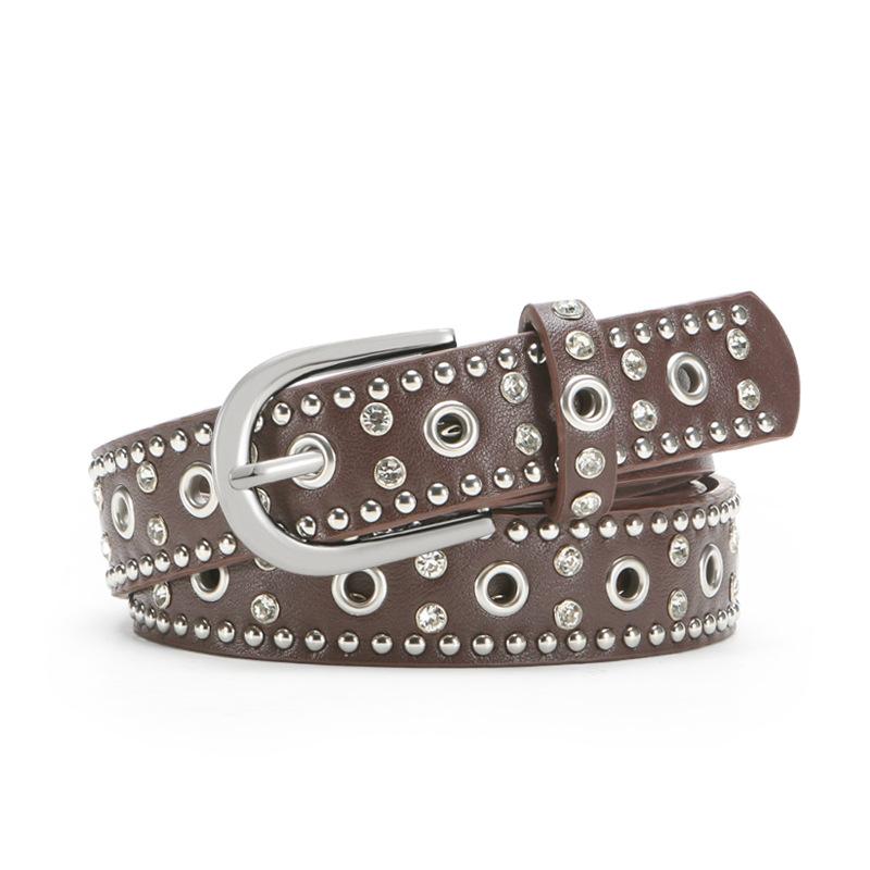 Women S Versatile Belt With Rivets Rhinestones Pin Buckle For Jeans