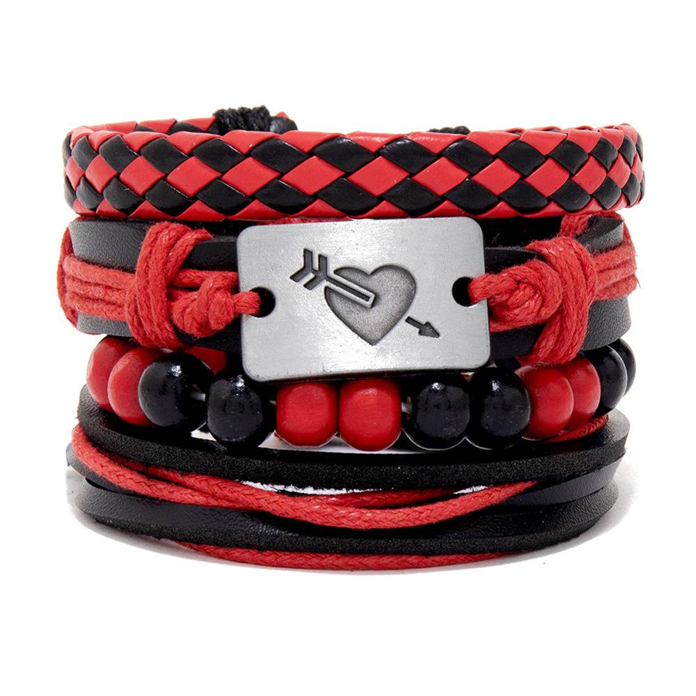 5pcs Set Retro Personality Cupid Arrow Heart Cortex Bracelet for Men Women Couple Weaving Wristband Boho Jewelry Accessory Gift