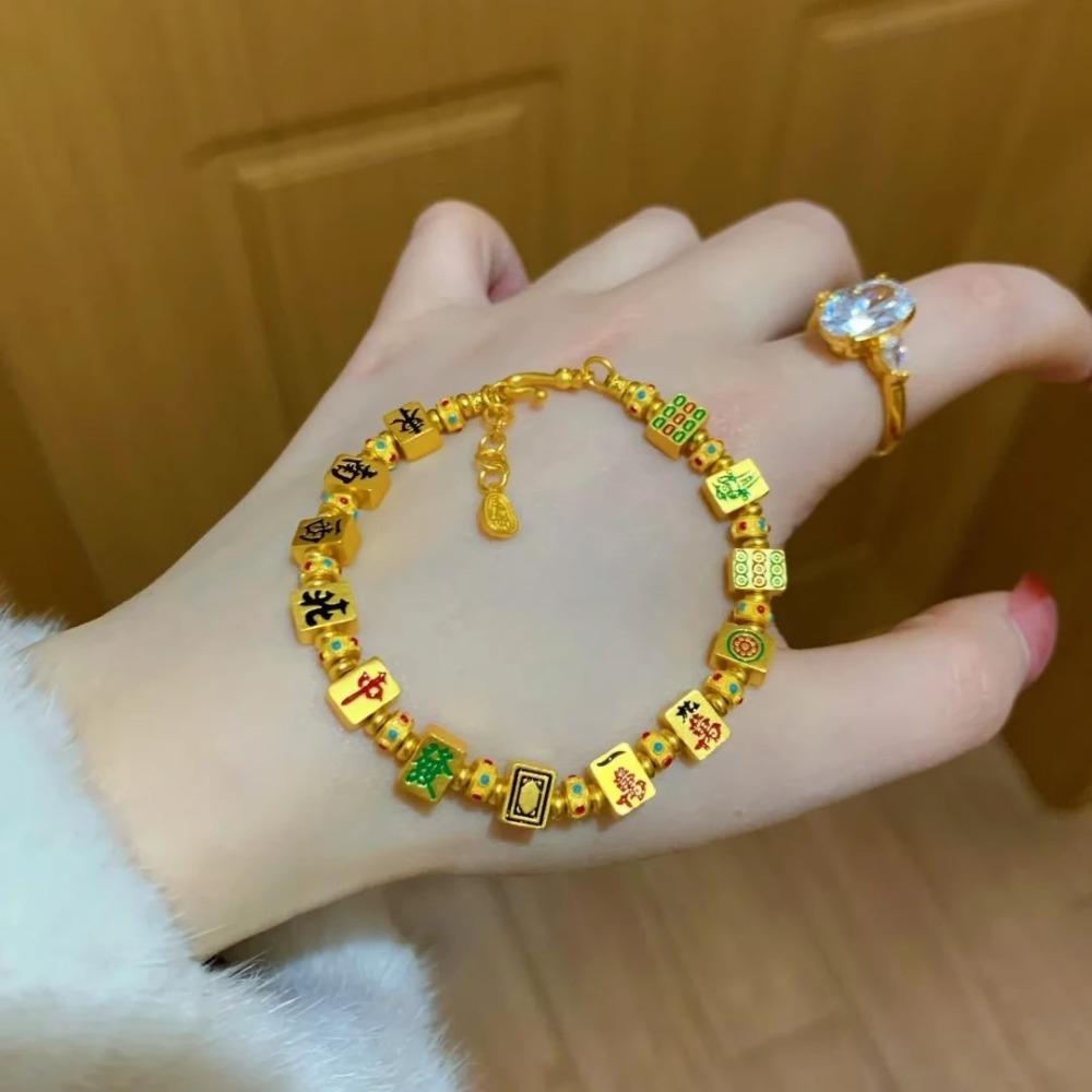 DIY Charm Golden Mahjong Bracelet Chinese Character Bohemian Style Bangle  Hipster