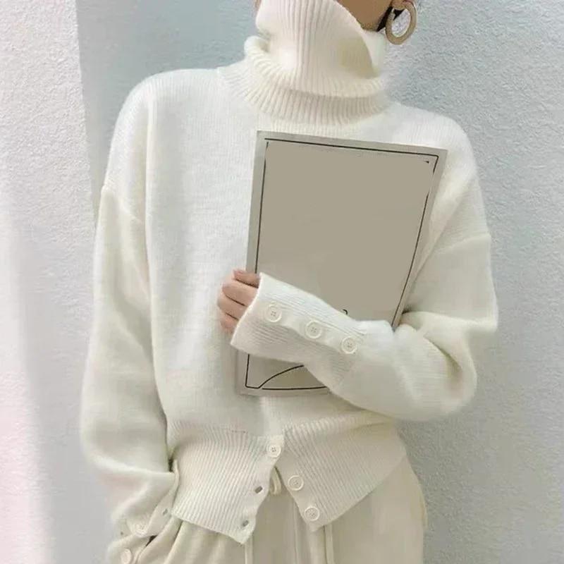 

Зеленый кашемировый вязаный свитер с длинным рукавом, женские свободные джемперы на пуговицах, осенне-зимние водолазки, пуловеры, женские свитера 29498