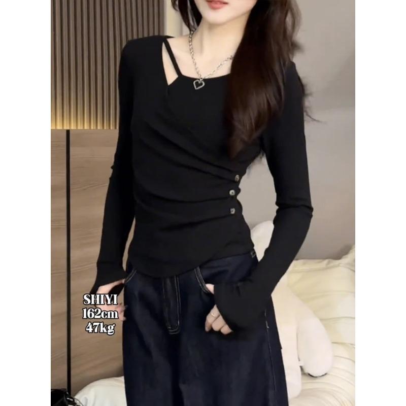 Black Spice Girl Slim-fit Bottom Shirt Women s Spring Irregular Waist Pleated Button Long Sleeve Shirt Top M