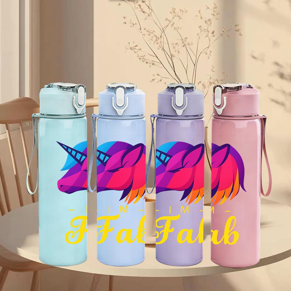 1PC Rainbow Unicorn Fab Letter Art 750ml Color Plastic Sports Water Bottle Leakproof Flip Straw Lid Suitable for Sports Office Home Use