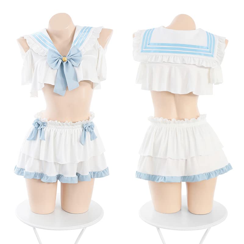 Sailor Clothes Cosplay Sexy Erotic Extreme Costume Erotic Exposure Women Short Sleeves JK Cute Ribbon Small Breasts Micro Mini Skirt Light Blue White