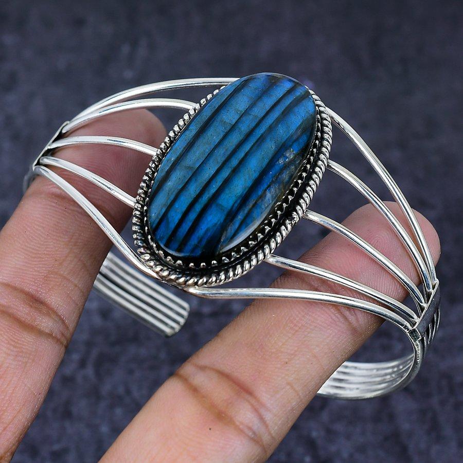 Natural Labradorite Gemstone 925 Sterling Silver Cuff Bangle Adjustable ETC-13914