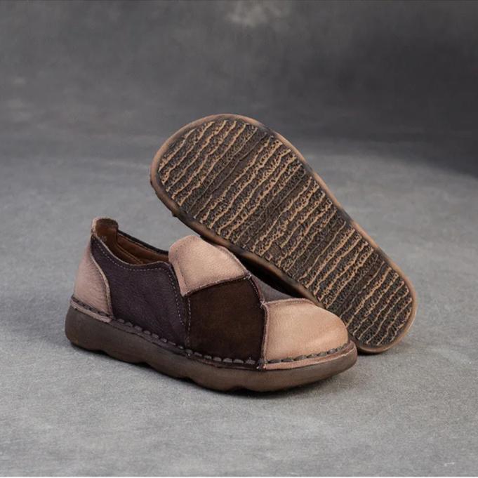 Johnature Retro Mixed Colors Soft Soled Flats Genuine Leather Comfortable Round Toe Women's Slip-on Shoes
