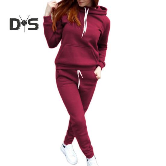 2 Pcs/Set Women Hoodie Pants Suit Solid Color Plush Long Sleeves Thick Top Elastic Waist Ankle-banded Trousers Sport Fitness Outfit Fall Winter