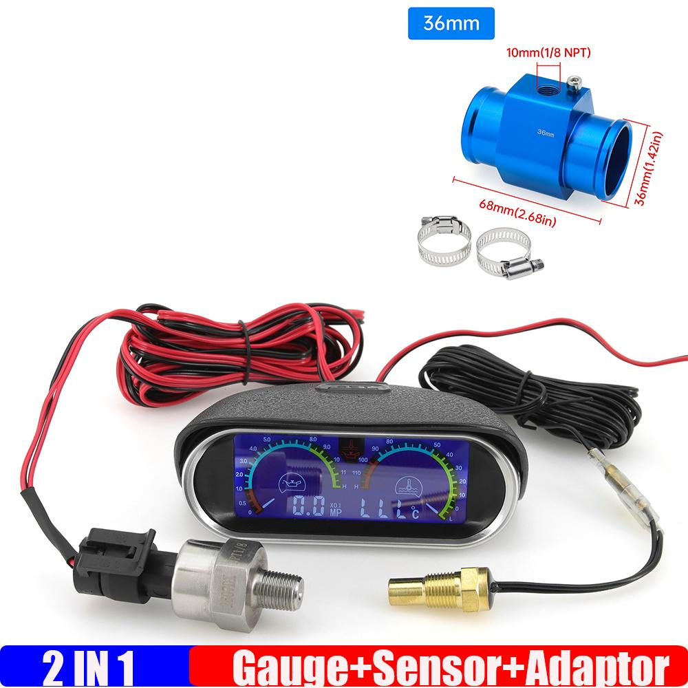 ZMFJH 2IN1 Digital Water Temperature+Oil Pressure Meter with Sensor 10mm Temp Joint Pipe Sensor Hose Adapter for Car Truck 9-32V