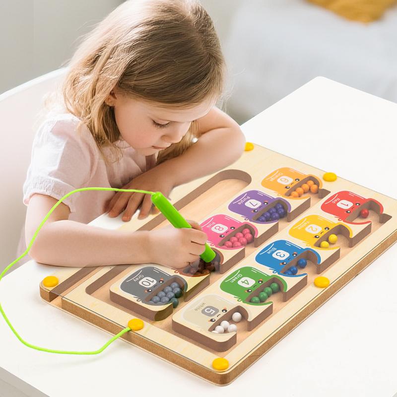 Bebek Montessori Oyuncakları 2'si 1 Arada Ahşap Manyetik Renk ve Sayı Labirenti Çizim Tahtası ile Renk Ayırma Sayma Eşleştirme Oyuncak