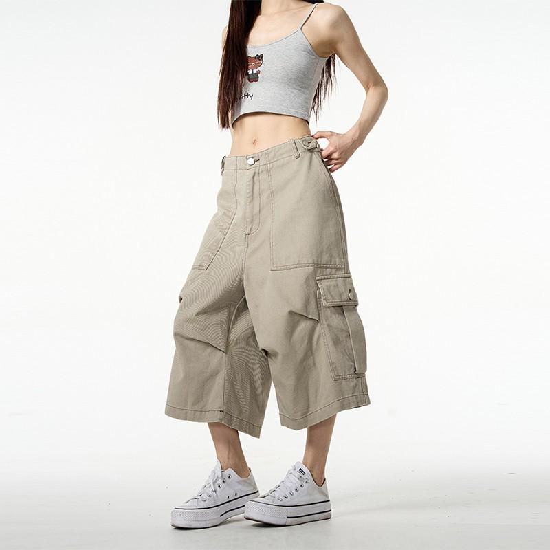 

Unisex High-End Wide-Leg Cargo Pants - Trendy Multi-Pocket Seven-Point Length M