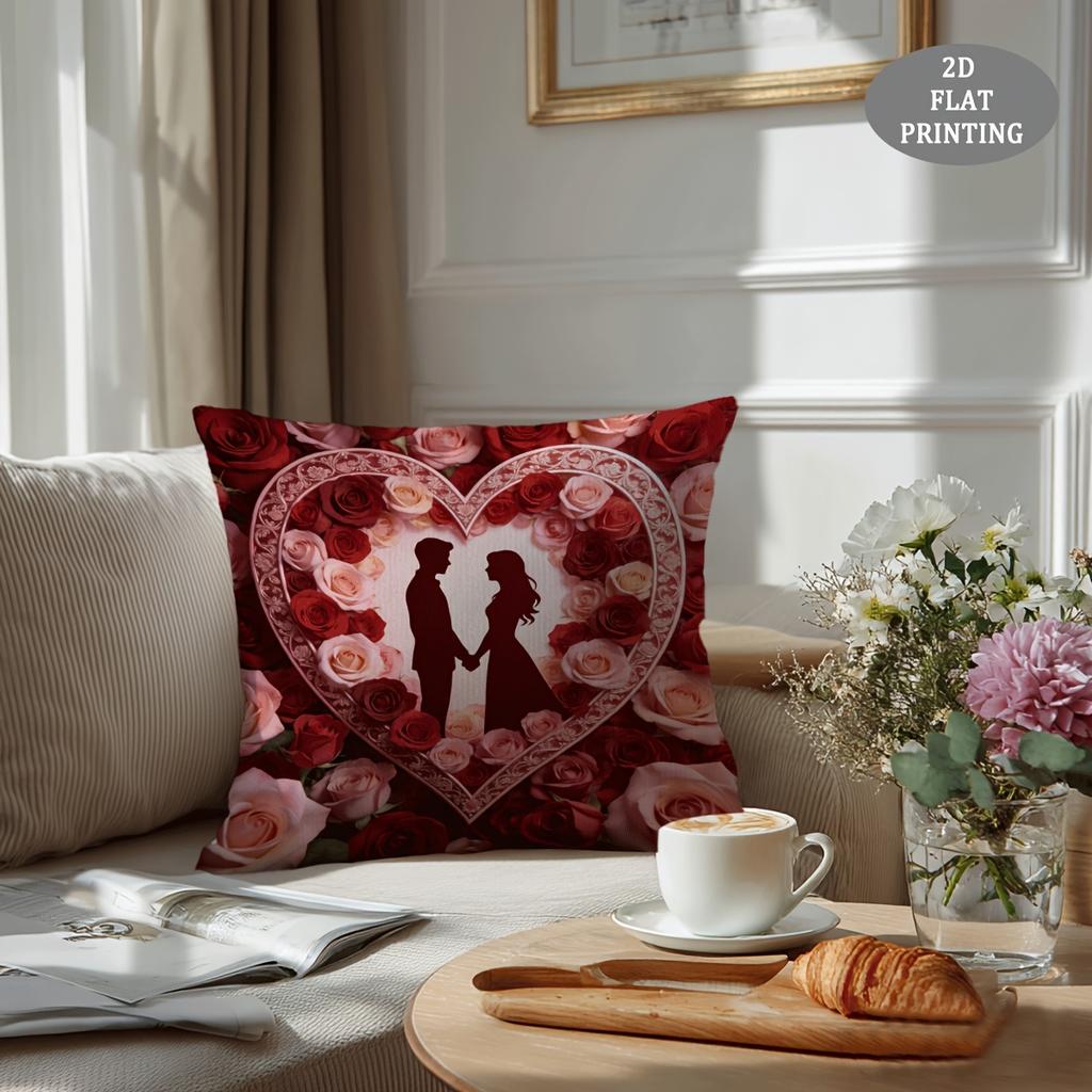1pc Red Heart-Shaped Petal Pattern Plush Throw Pillow Cover | 2D Flat Printing, Single-Sided, 18x18 inch, Suitable for Sofa and Living Room Decor