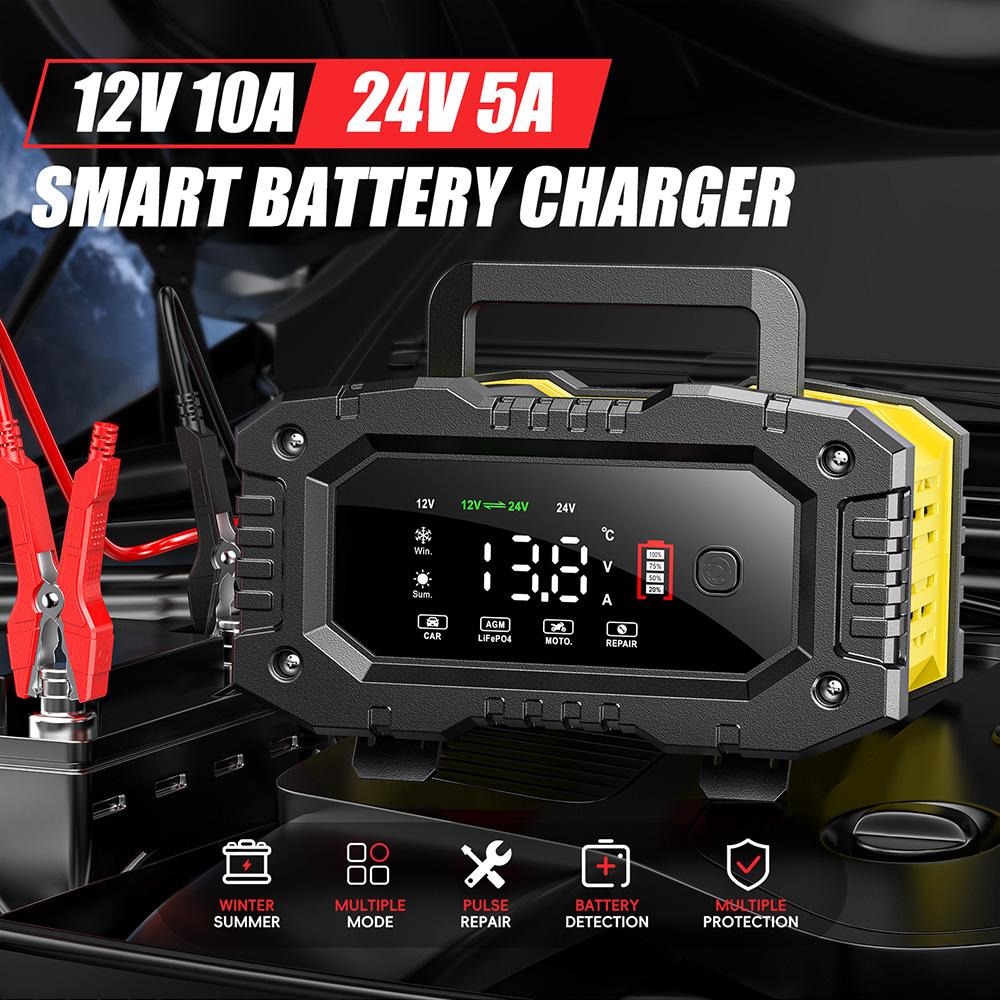 Battery Charger 12V/20A 24V/10A Automatic Smart Charger Battery Maintainer AGM Lead Acid Car Motorcycle Charger LCD Display FPT-100