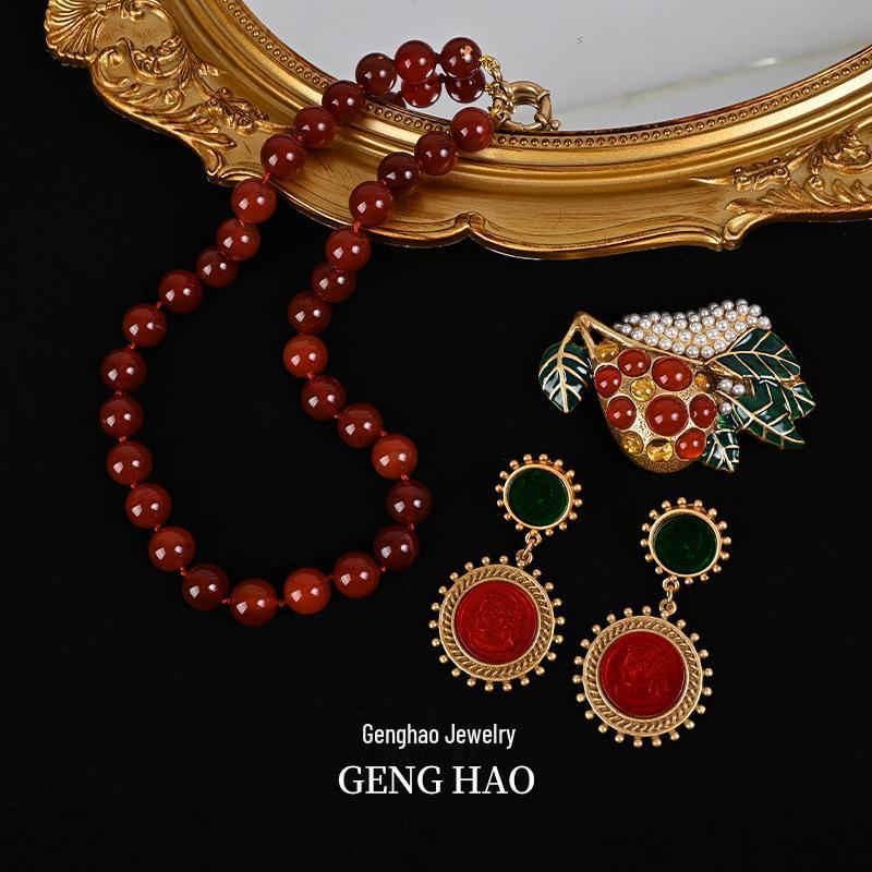 

Bohemian Style Enamel Agate Glass Brooch and Necklace Set