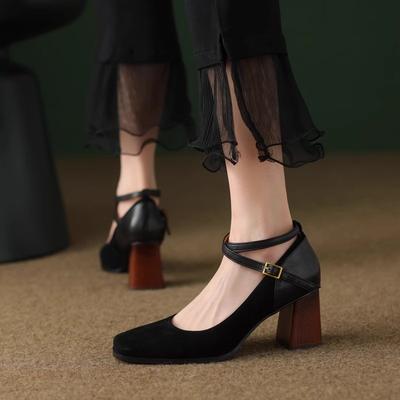 Moda Zapatos de Mujer Tacones Altos Gruesos Bajos Punta Cuadrada Elegantes Tacones Altos de Mujer Retro Fiesta Zapatos Formales Lujosas Correas de Tobillo