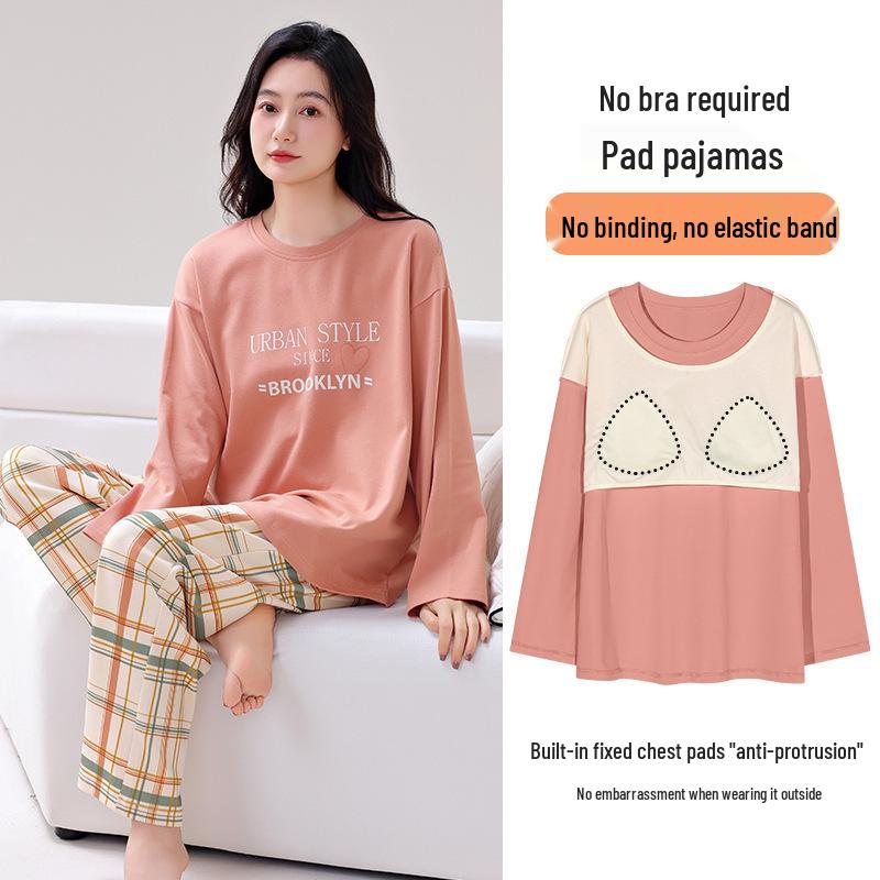 

Женский пижамный комплект из чистого хлопка премиум-класса с нагрудными подушечками - Лонгслив и брюки, корейский стиль XXL [recommended 140-160 lbs]