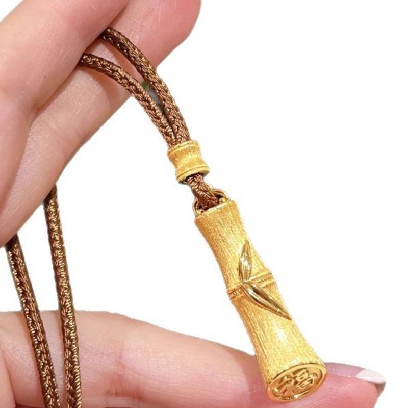 Retro Brushed Frosted Brown Rope Bamboo Joint Necklace Luxury Plant Cylindrical Pendant Classical Collarbone Chain Zircon Gift