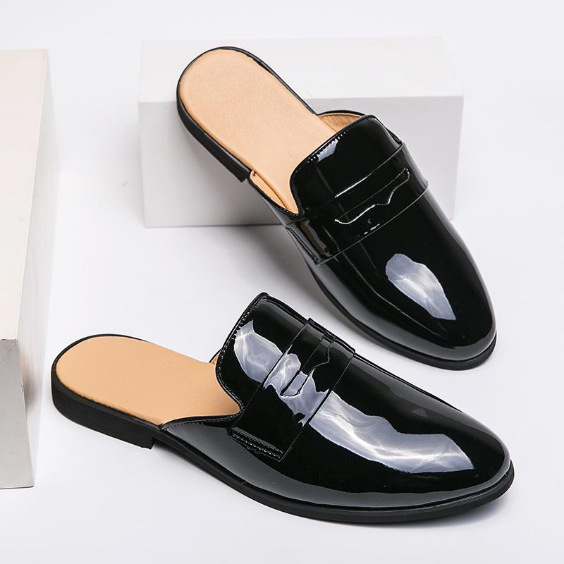 

Baotou drag summer glossy semi-drag leather shoes men s one-pedal small leather shoes British lazy shoes fitting room men s shoes 44 чёрный