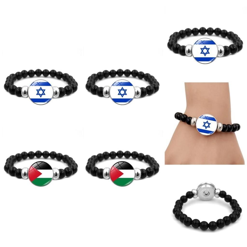 Israel Palestine Flag Gemstone Bracelet Unisex Black Beaded Jewelry Wholesale