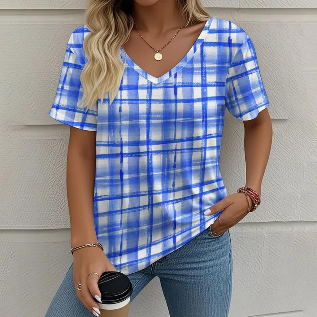 Summer V-neck 3D Color Blocking Printed Top Fashionable Casual Short Sleeved Women's T-shirts