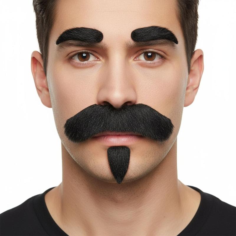 Set med falsk mustasch och ögonbryn, Självhäftigt falskt skägg, Nyheter Realistiskt ansiktshår för Cosplay-kostym Halloweenfest