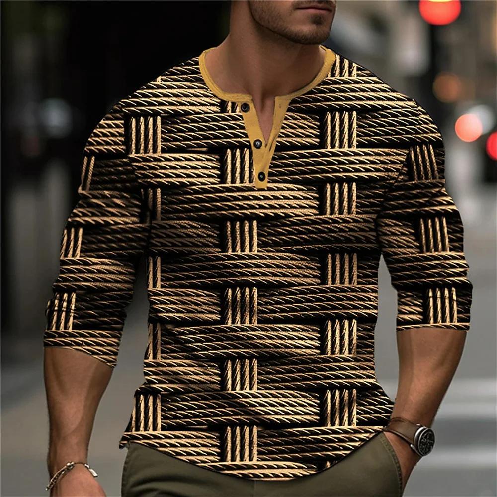 Chemises Henley Patchwork Color Block Automne Impression 3D Mode Homme Vintage Boutonnée Manches Longues T-Shirts Hauts Vêtements pour Homme