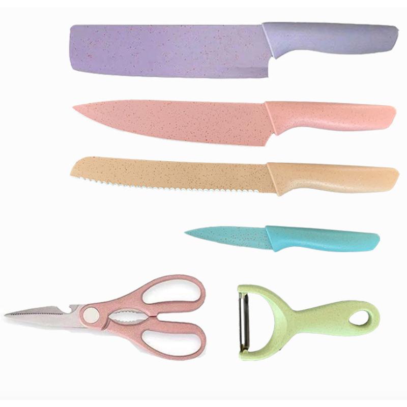 Kitchen Knife 6Pcs/Set High and Good Quality Corrugated Colorful Stainless Steel Chef Knife Bread Household Knife Cleaver Scissors Kitchen Bar