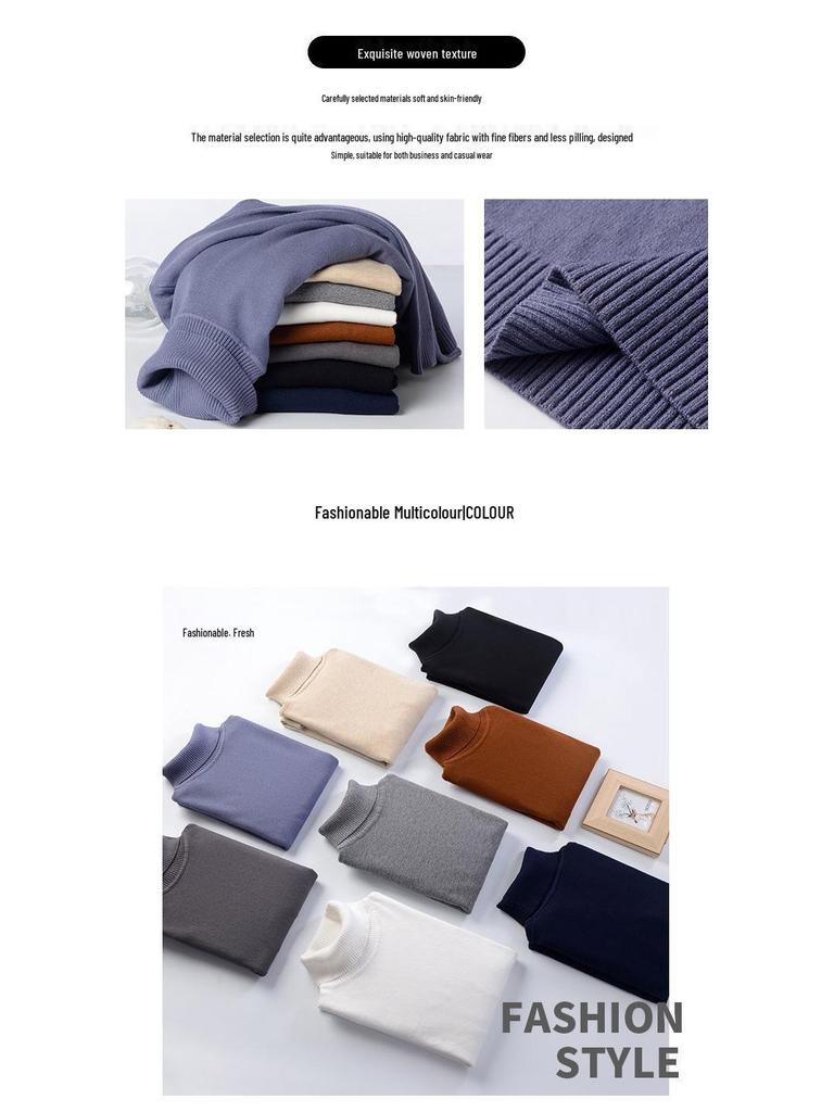 Men's Ribbed Wool High-Neck Sweater with Fleece, Warm Knitted Long Collar for Autumn and Winter